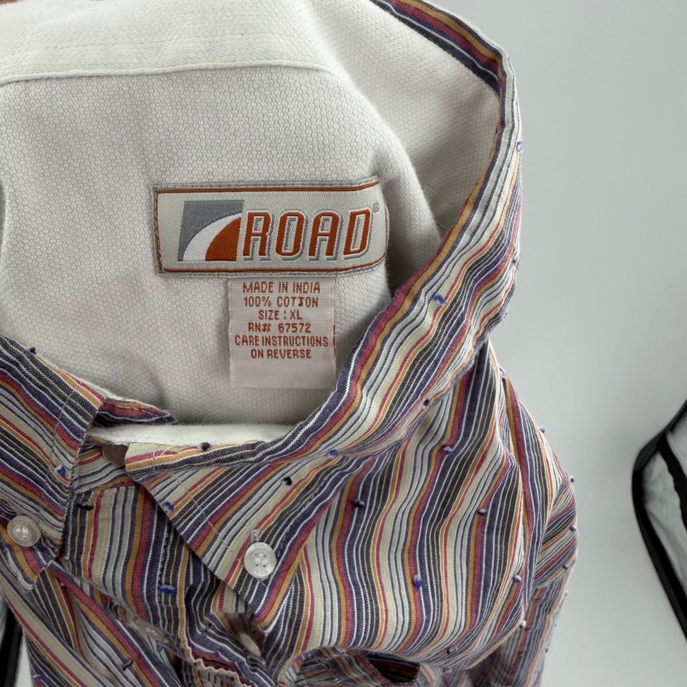 Road Mens XL‎ Button Down Shirt Multi Color Vertical Stripe Cotton Long SL - Picture 7 of 7